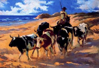 Joaquin Sorolla Y Bastida : Oxen at the Beach